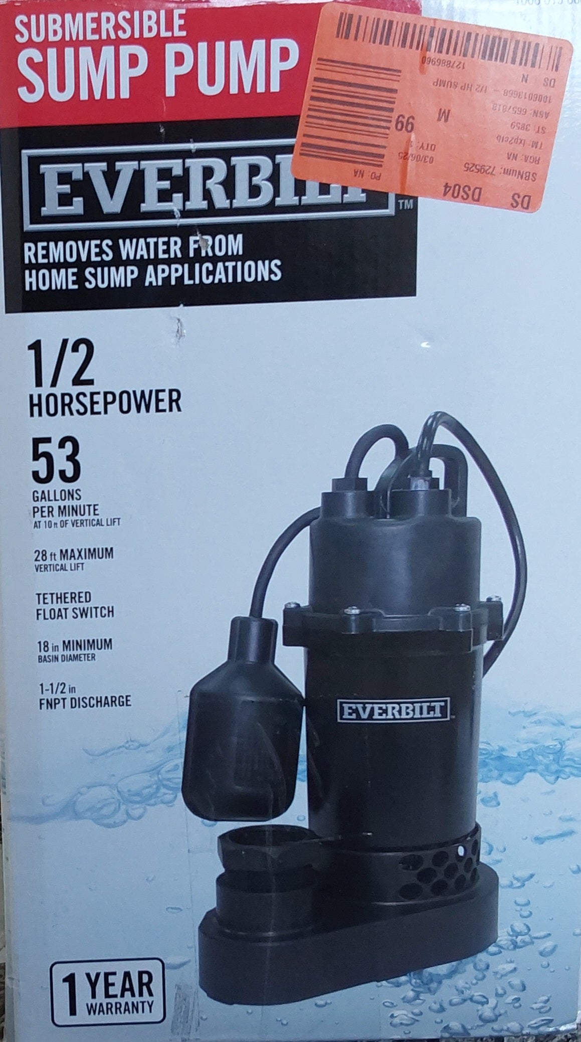 EVERBILT SUMP PUMP 1/2 HORSEPOWER 53 gallons per minute