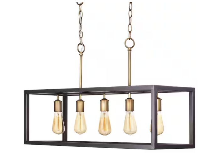 Boswell Quarter 34 in. 5-Light Gold Coastal Farmhouse Linear Island Chandelier with Black Distressed Wood Accents