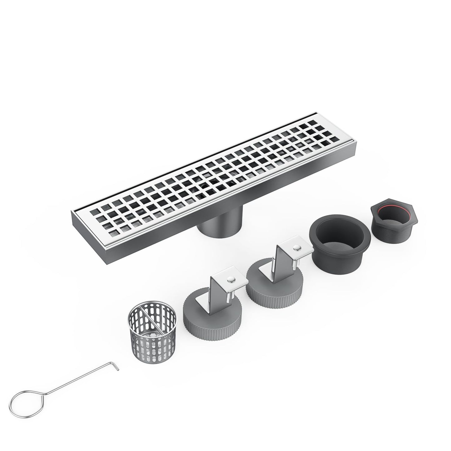 Linear Shower Drain with Removable Quadrato Pattern Grate, Brushed 304 Stainless Steel Rectangle Shower Floor Drain, Linear Drain with Leveling Feet,Hair Strainer