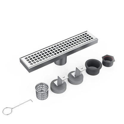 Linear Shower Drain with Removable Quadrato Pattern Grate, Brushed 304 Stainless Steel Rectangle Shower Floor Drain, Linear Drain with Leveling Feet,Hair Strainer