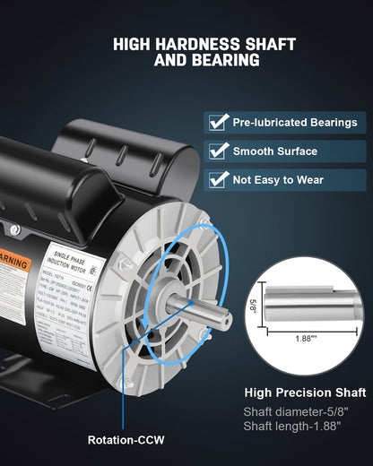 Air Compressor Electric Motor, 2HP SPL 3450 RPM, 115/230V Single Phase, 56 Frame 5/8 Keyed Shaft 60 Hz, Commercial-Duty CCW Rotation, 1.88 Shaft Length for Air Compressors