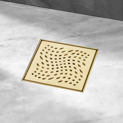 4 in. Square Stainless Steel Shower Drain - Wave Pattern in Zirconium Gold Plating