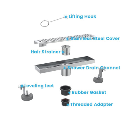 IDEALHOUSE 2024 New Linear Shower Drain, Brushed Nickel Shower Floor Drain, High Flow Shower Drain Kit with Removable Grid Cover, Hair Filter, Food-Grade SUS 304 Stainless Steel
