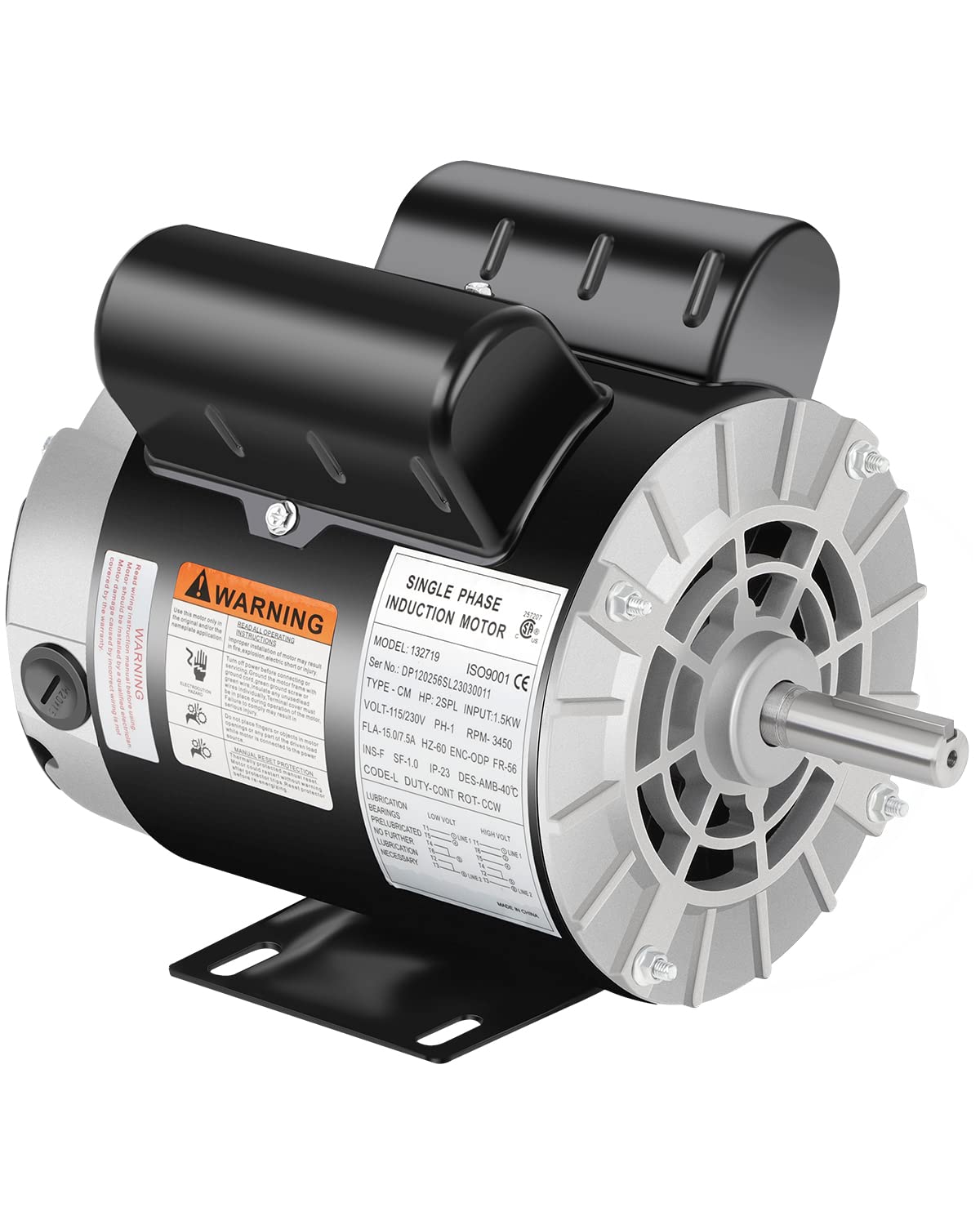 Air Compressor Electric Motor, 2HP SPL 3450 RPM, 115/230V Single Phase, 56 Frame 5/8 Keyed Shaft 60 Hz, Commercial-Duty CCW Rotation, 1.88 Shaft Length for Air Compressors