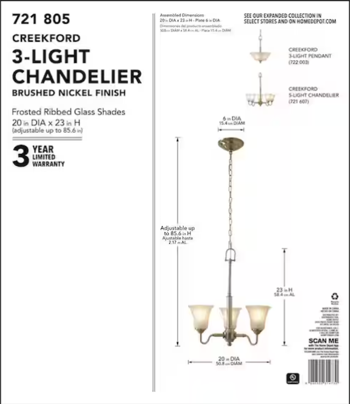 Creekford 3-Light Brushed Nickel Chandelier with Frosted Glass Shades