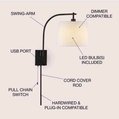 Customer Reviews for JONATHAN Y Gosling 22.5 in. 1-Light Oil Rubbed Bronze Plug-In/Hardwired Iron Gooseneck Swing Arm Wall Sconce Pull-Chain & USB Port