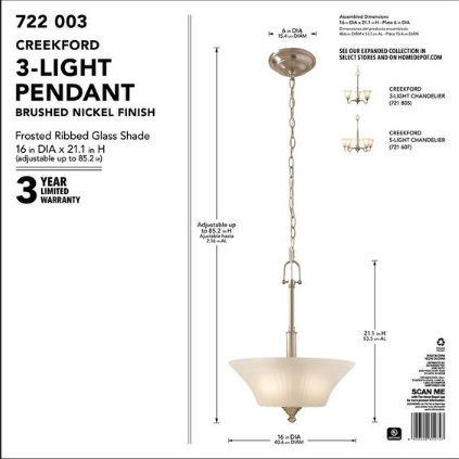 Creekford 3-Light Brushed Nickel Pendant with Frosted Glass Shade