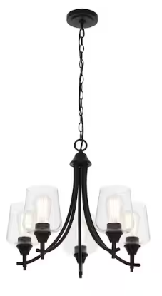 Pavlen 5-Light 23 in. Rustic Bronze Hanging Candlestick Chandelier with Clear Glass Shades for Dining Room