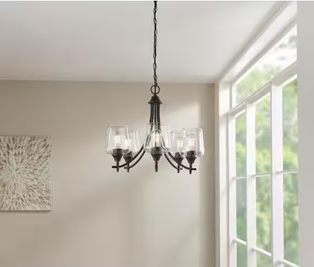 Pavlen 5-Light 23 in. Rustic Bronze Hanging Candlestick Chandelier with Clear Glass Shades for Dining Room