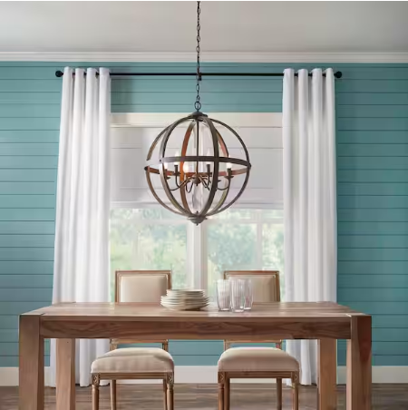 Keowee 24-1/4 in. 6-Light Artisan Black Iron with White Wood Accents Coastal Orb Chandelier for Kitchen Bulbs Included