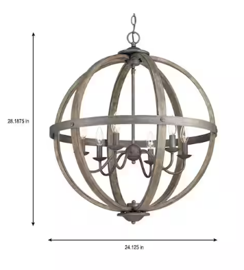 Keowee 24-1/4 in. 6-Light Artisan Black Iron with White Wood Accents Coastal Orb Chandelier for Kitchen Bulbs Included