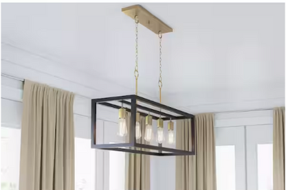 Boswell Quarter 34 in. 5-Light Gold Coastal Farmhouse Linear Island Chandelier with Black Distressed Wood Accents