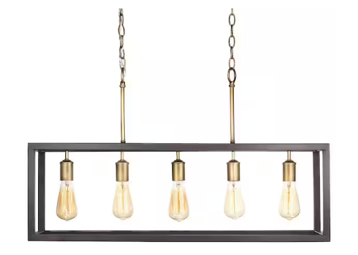 Boswell Quarter 34 in. 5-Light Gold Coastal Farmhouse Linear Island Chandelier with Black Distressed Wood Accents