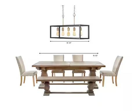 Boswell Quarter 34 in. 5-Light Gold Coastal Farmhouse Linear Island Chandelier with Black Distressed Wood Accents