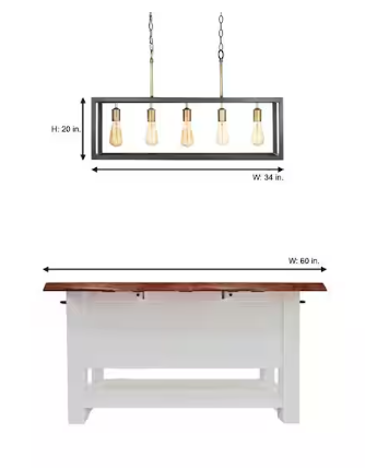 Boswell Quarter 34 in. 5-Light Gold Coastal Farmhouse Linear Island Chandelier with Black Distressed Wood Accents