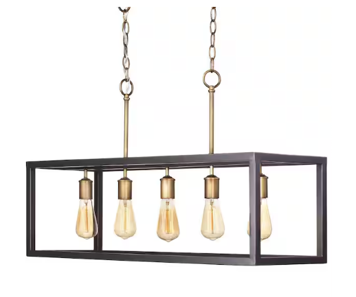 Boswell Quarter 34 in. 5-Light Gold Coastal Farmhouse Linear Island Chandelier with Black Distressed Wood Accents
