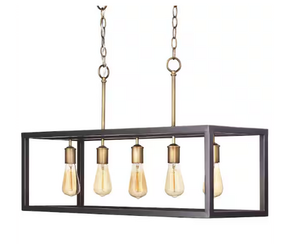 Boswell Quarter 34 in. 5-Light Gold Coastal Farmhouse Linear Island Chandelier with Black Distressed Wood Accents