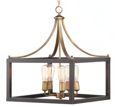 Boswell Quarter 20 in. 5-Light Gold Farmhouse Square Chandelier with Painted Black Distressed Wood Accents for Kitchens
