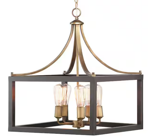 Boswell Quarter 20 in. 5-Light Gold Farmhouse Square Chandelier with Painted Black Distressed Wood Accents for Kitchens