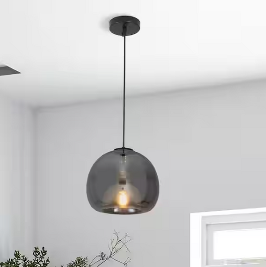 1-Light Black Globe Adjustable Hanging Pendant Light with Smokey Grey Class Shaded for Living Room, No Bulbs Included