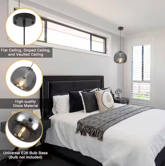 1-Light Black Globe Adjustable Hanging Pendant Light with Smokey Grey Class Shaded for Living Room, No Bulbs Included