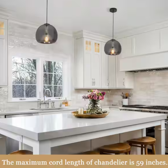 1-Light Black Globe Adjustable Hanging Pendant Light with Smokey Grey Class Shaded for Living Room, No Bulbs Included