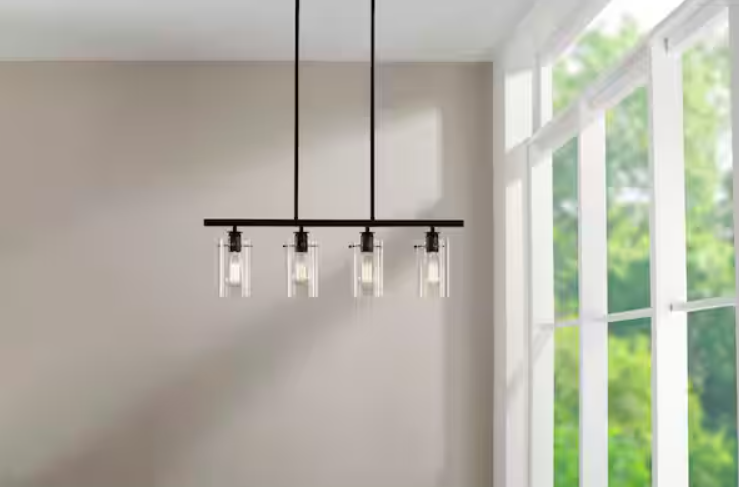 Regan 4-Light Espresso Industrial Linear Chandelier with Glass Shades, Industrial Linear