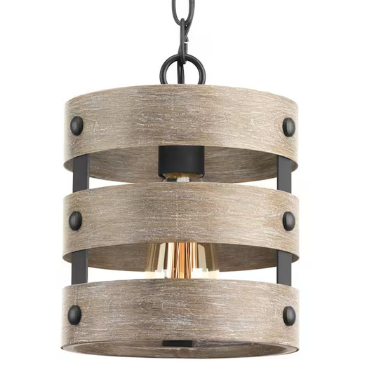 Gulliver 8-1/2 in. 1-Light Graphite Coastal Drum Mini-Pendant with Weathered Gray Wood Accents