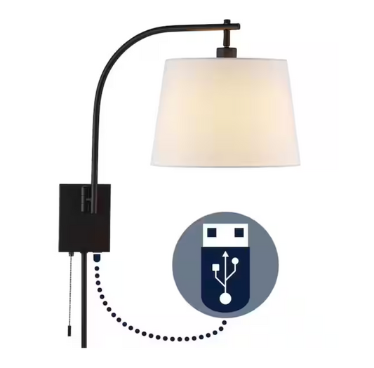 Gosling 22.5 in. 1-Light Oil Rubbed Bronze Plug-In/Hardwired Iron Gooseneck Swing Arm Wall Sconce Pull-Chain & USB Port
