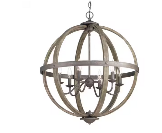 Keowee 24-1/4 in. 6-Light Artisan Black Iron with White Wood Accents Coastal Orb Chandelier for Kitchen Bulbs Included