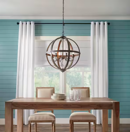 Keowee 24-1/4 in. 6-Light Artisan Black Iron with White Wood Accents Coastal Orb Chandelier for Kitchen Bulbs Included
