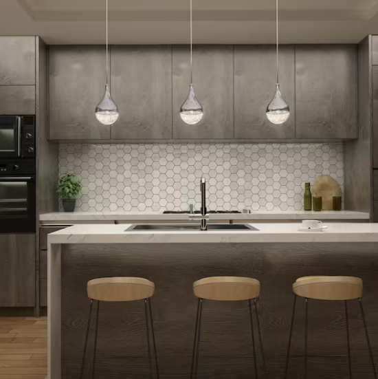 Glitzer 6.5-Watt 1-Light Modern Chrome Integrated LED Hanging Mini Pendant Light Fixture for Kitchen Island