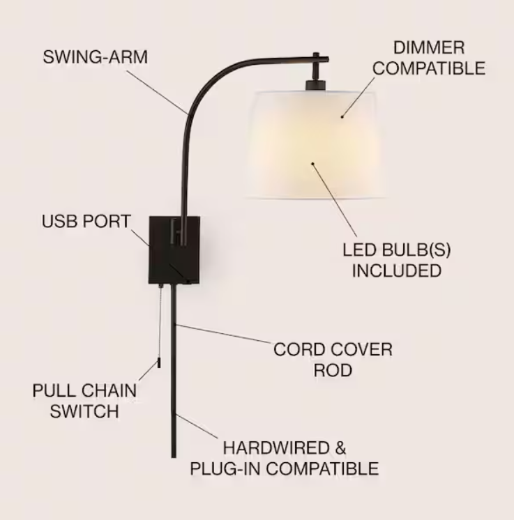 Gosling 22.5 in. 1-Light Oil Rubbed Bronze Plug-In/Hardwired Iron Gooseneck Swing Arm Wall Sconce Pull-Chain & USB Port