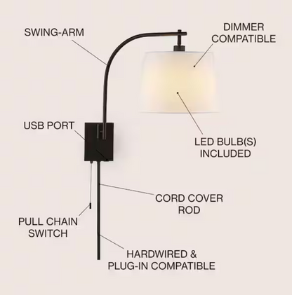 Gosling 22.5 in. 1-Light Oil Rubbed Bronze Plug-In/Hardwired Iron Gooseneck Swing Arm Wall Sconce Pull-Chain & USB Port