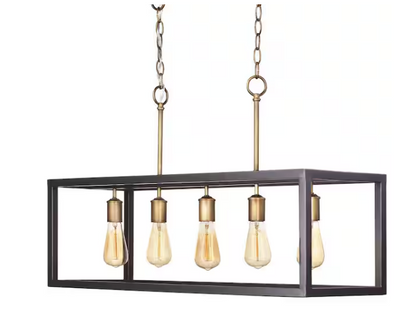 Boswell Quarter 34 in. 5-Light Gold Coastal Farmhouse Linear Island Chandelier with Black Distressed Wood Accents