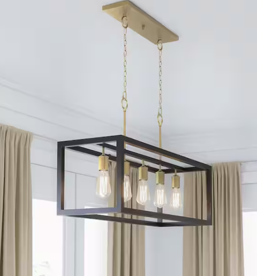 Boswell Quarter 34 in. 5-Light Gold Coastal Farmhouse Linear Island Chandelier with Black Distressed Wood Accents