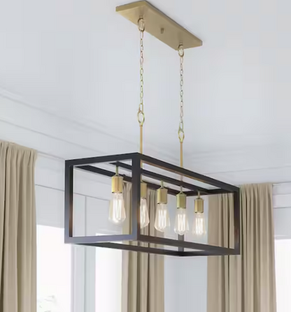 Boswell Quarter 34 in. 5-Light Gold Coastal Farmhouse Linear Island Chandelier with Black Distressed Wood Accents