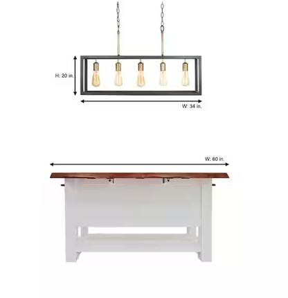 Boswell Quarter 34 in. 5-Light Gold Coastal Farmhouse Linear Island Chandelier with Black Distressed Wood Accents