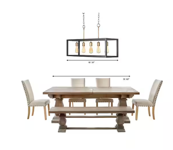 Boswell Quarter 34 in. 5-Light Gold Coastal Farmhouse Linear Island Chandelier with Black Distressed Wood Accents